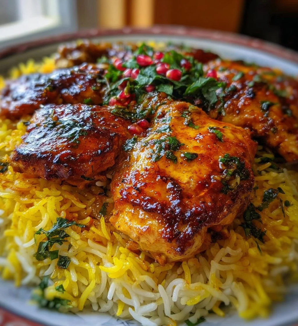 A plate of Persian chicken served with saffron-infused rice, garnished with herbs.