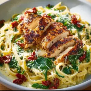 Pesto pasta with chicken recipe garnished with basil and parmesan cheese.