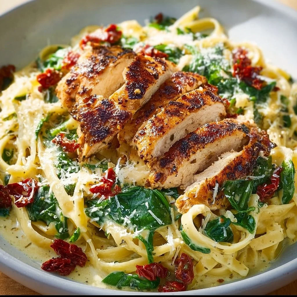 Pesto pasta with chicken recipe garnished with basil and parmesan cheese.
