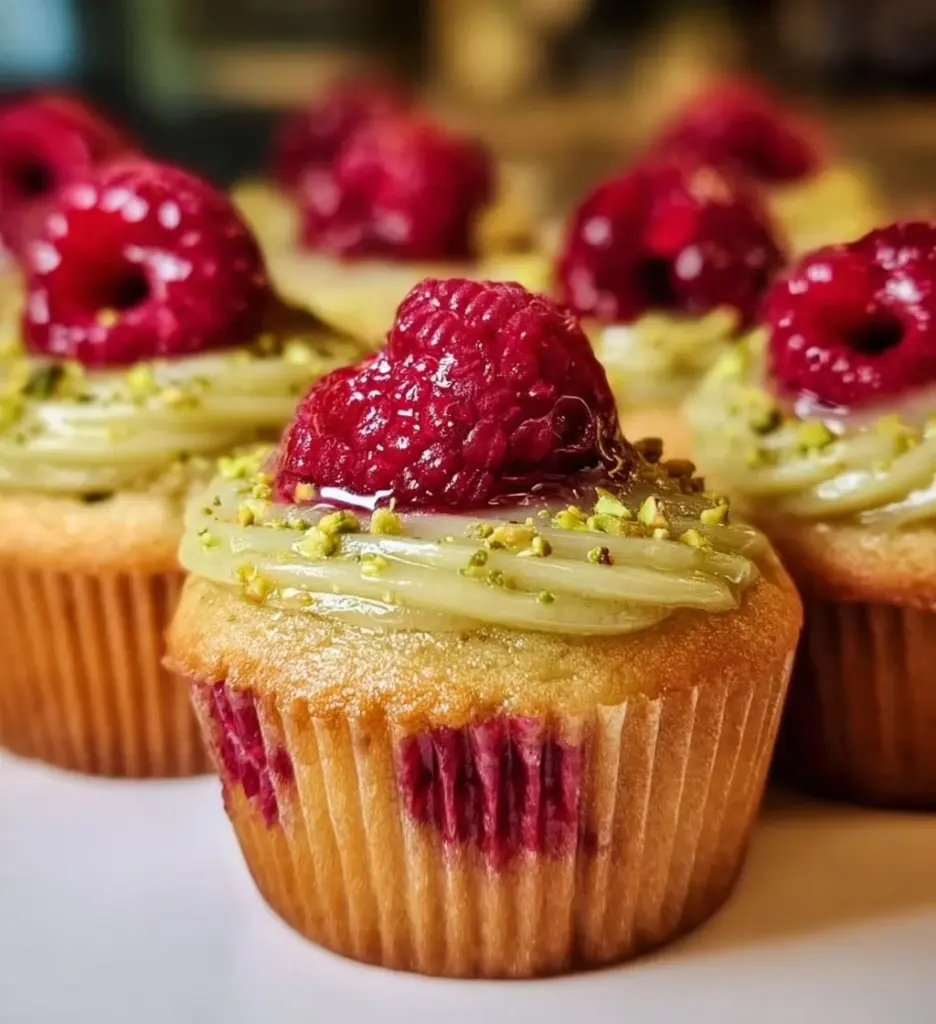 Pistachio and raspberry cupcakes topped with creamy frosting and fresh berries.