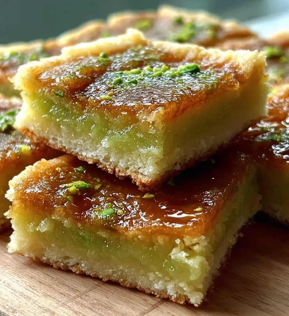 Pistachio pudding sugar cookie bars topped with green frosting and chopped nuts