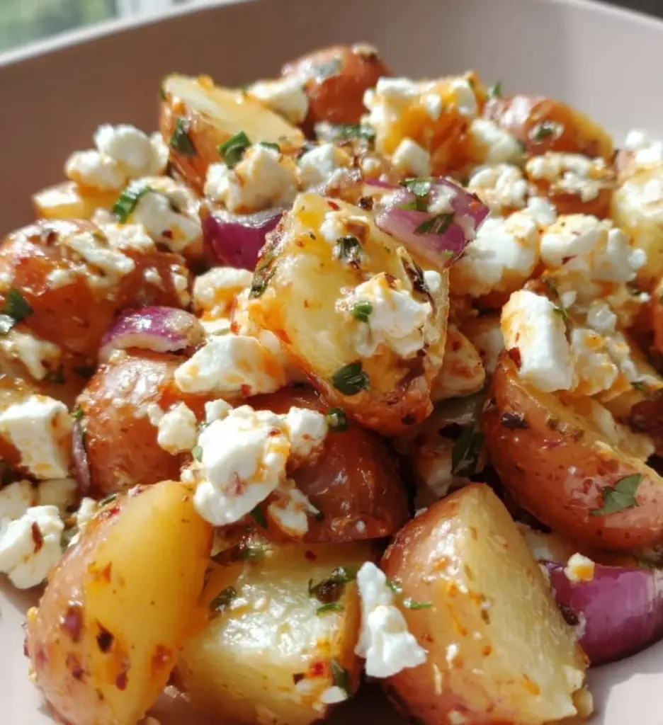 Delicious Potato Salad with Feta cheese in a bowl, garnished with herbs