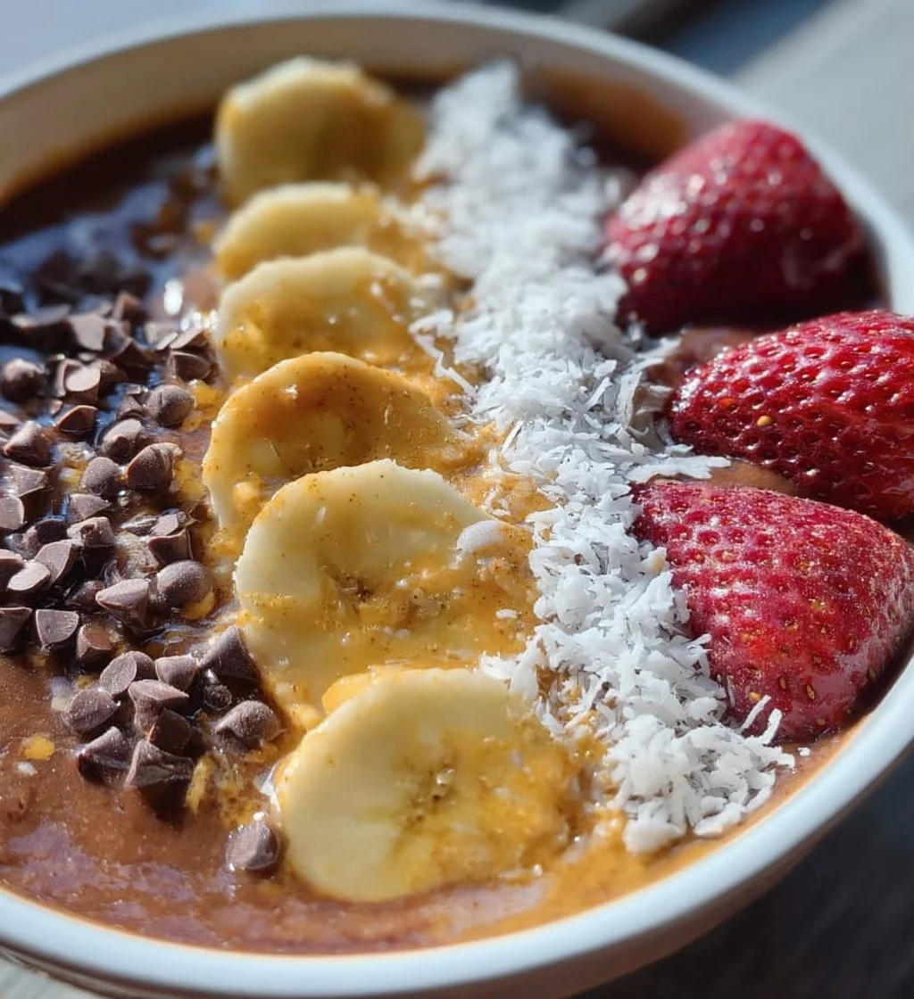 Delicious and nutritious protein smoothie bowl topped with fruits and seeds.