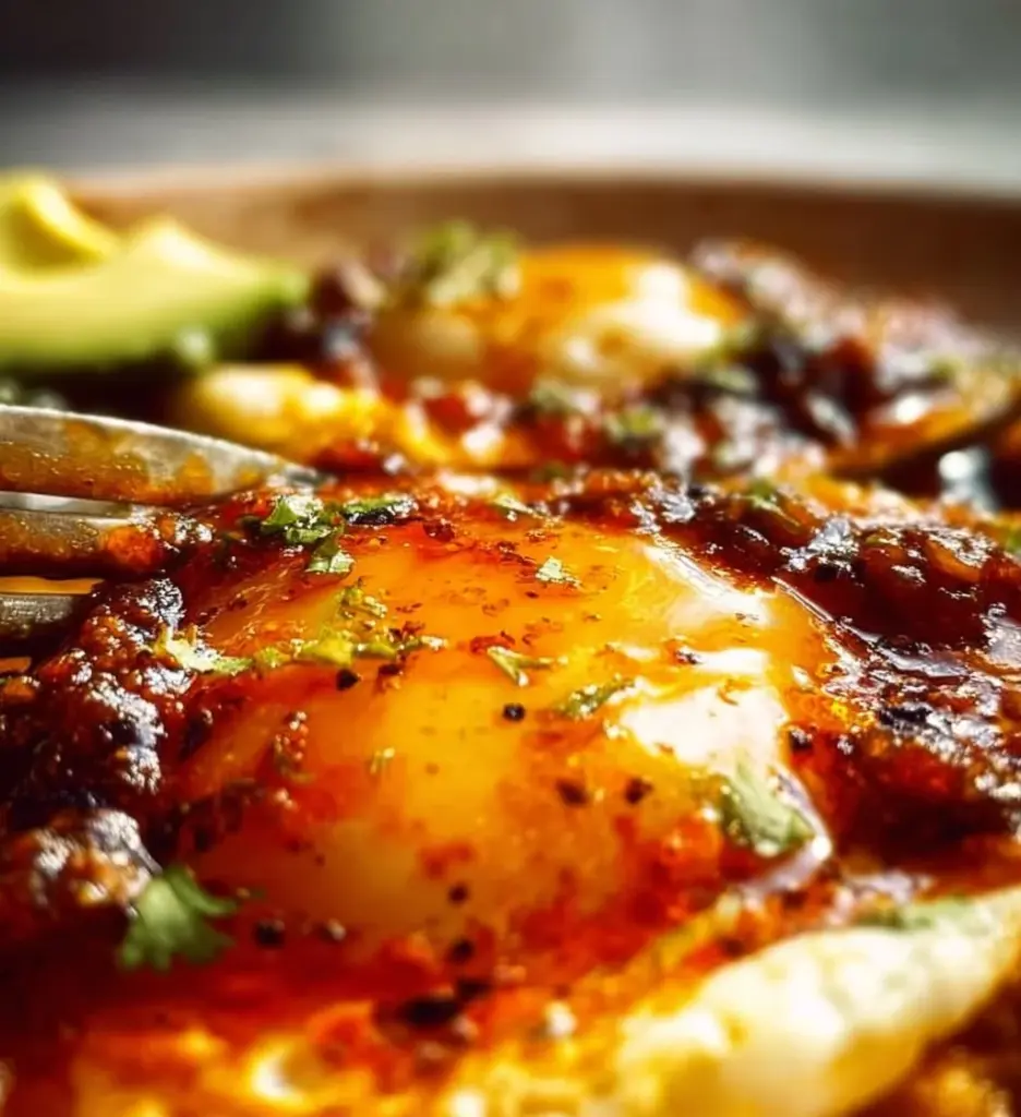 Plate of ranch-style eggs topped with fresh vegetables and herbs