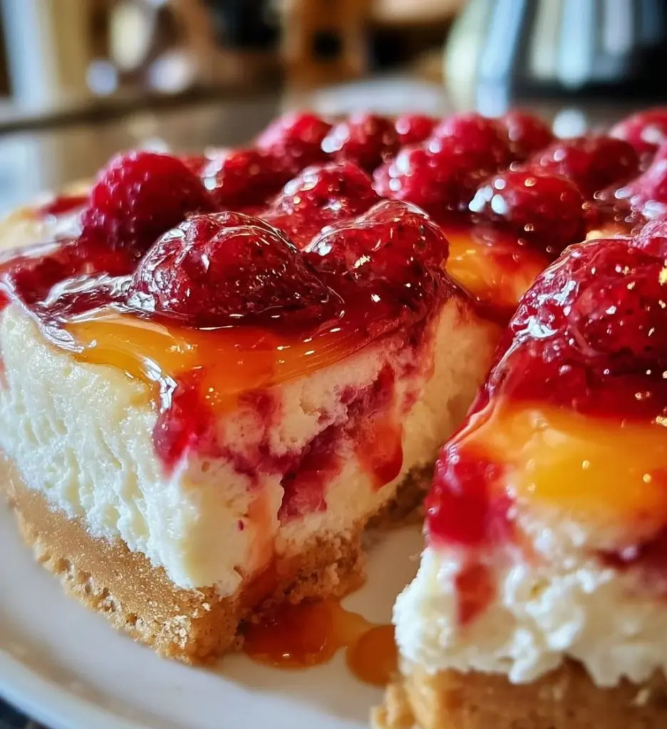 Slice of Raspberry Peach Cheesecake topped with fresh raspberries and peaches