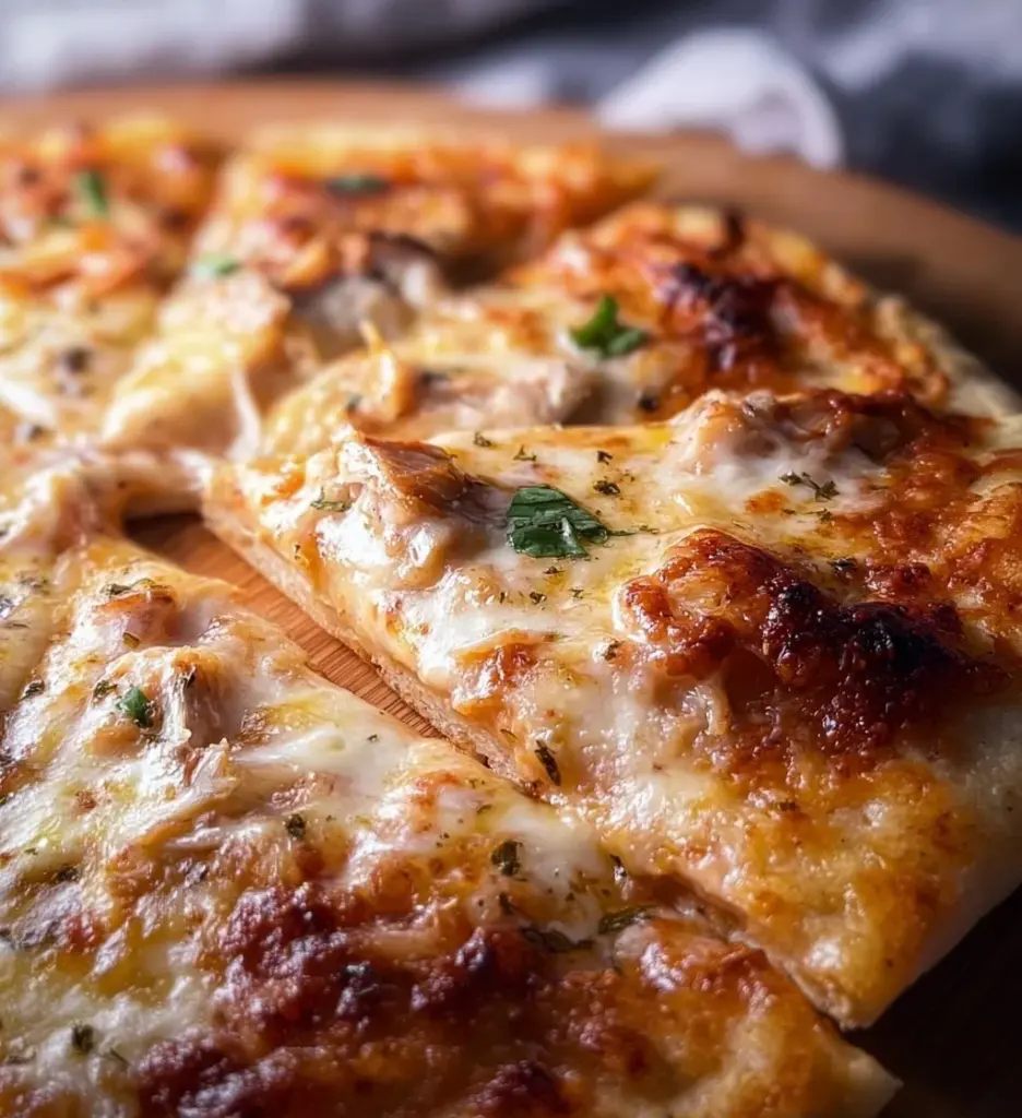 Roasted Garlic White Chicken Pizza topped with grilled chicken and herbs