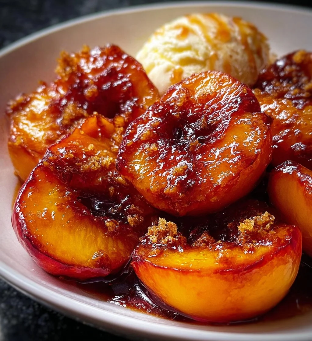 Roasted peaches served with vanilla ice cream in a bowl, topped with mint leaves.