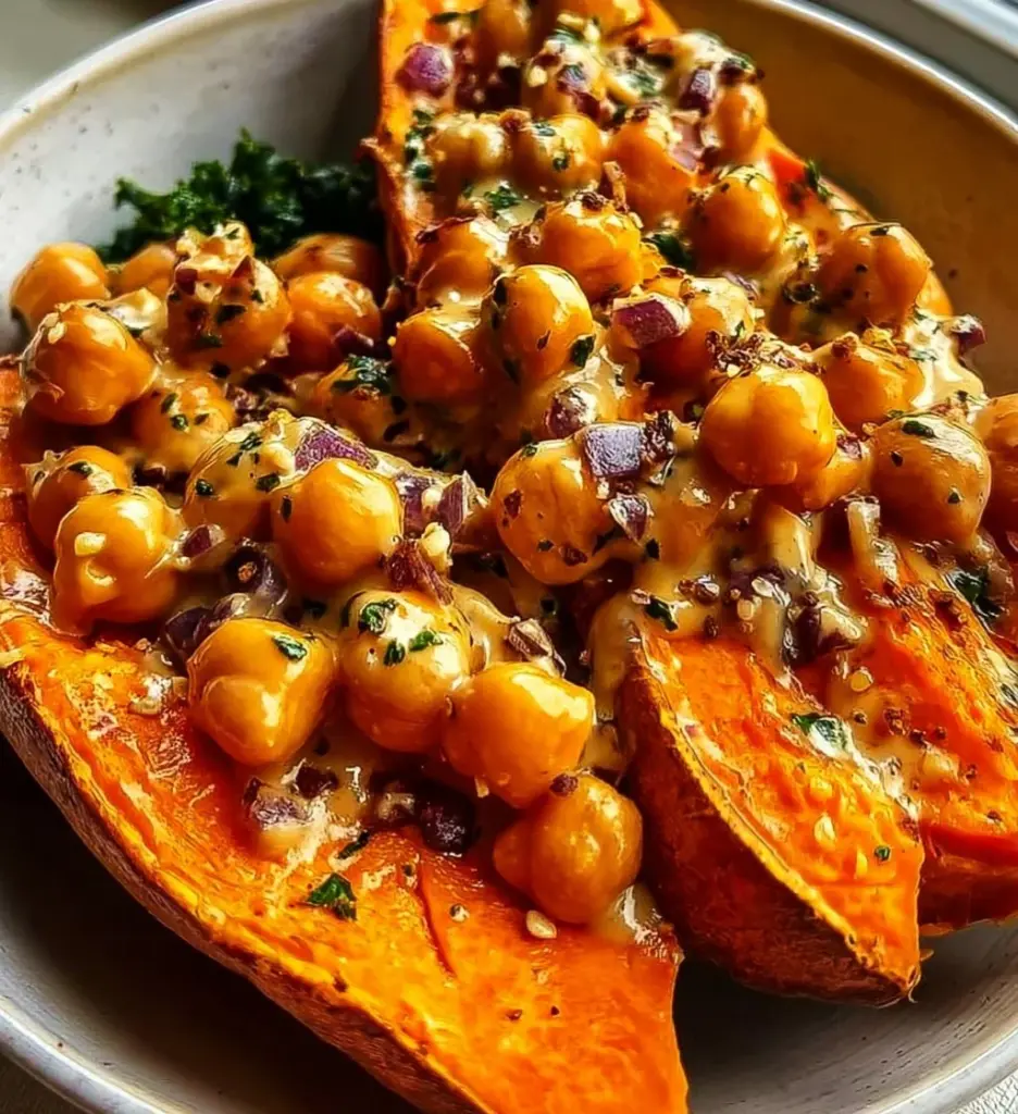 Plate of roasted sweet potatoes with tahini butter chickpeas garnished with herbs.