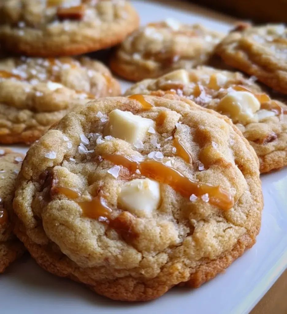 Delicious salted caramel white chocolate cookies on a plate