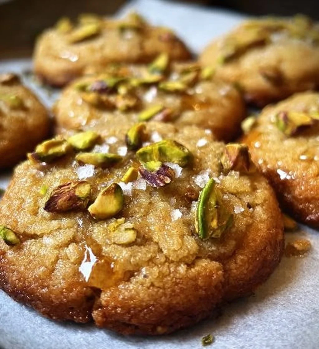 Salted honey pistachio cookies with a crispy texture and a hint of sweetness