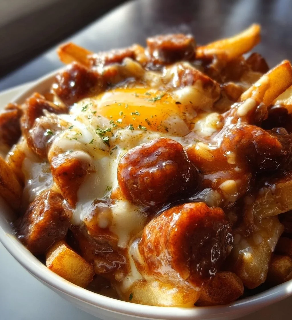 Sausage and gravy breakfast poutine topped with cheese curds and gravy.