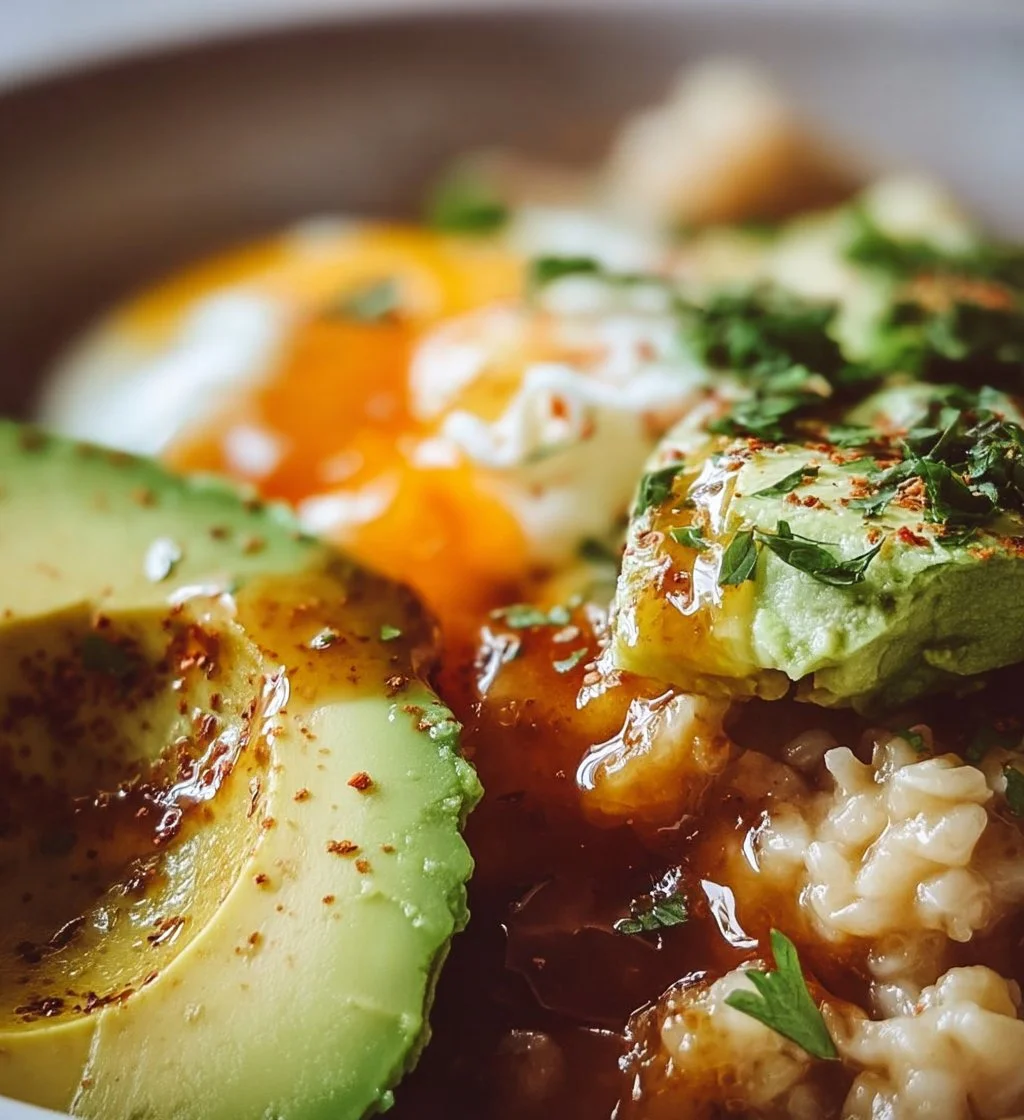 Bowl of savory avocado oatmeal topped with herbs and spices