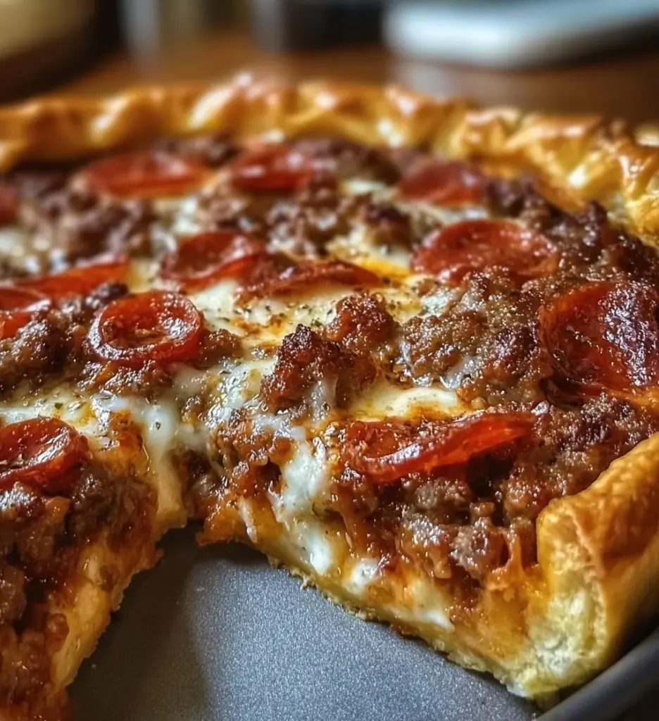 Savory hamburger pie with sausage and pepperoni, baked to perfection.