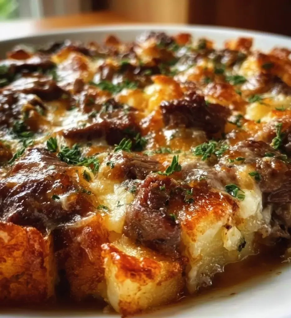 Savory steak and potato casserole prepared in a baking dish