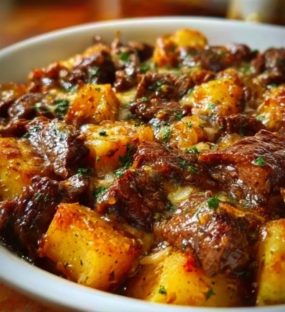 Savory steak and potato casserole served in a baking dish