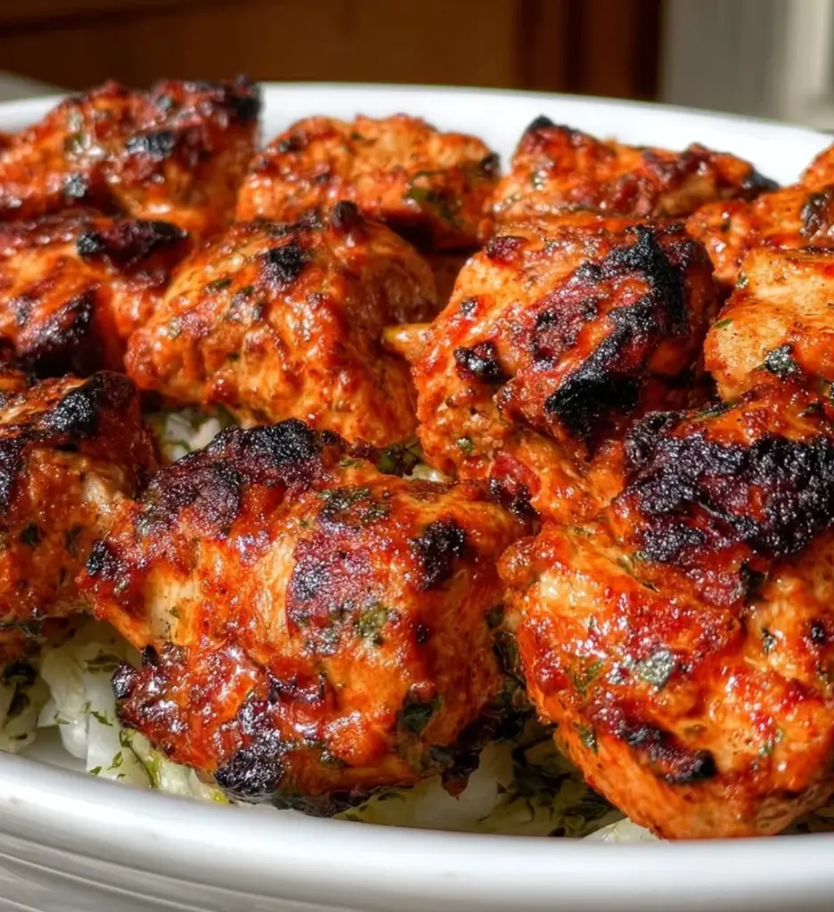 Grilled Shish Tawook chicken skewers served with fresh vegetables and sauce