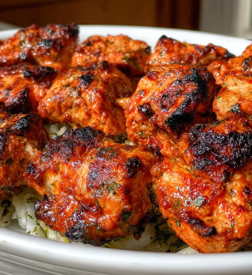 Grilled Shish Tawook chicken skewers served with fresh vegetables and sauce