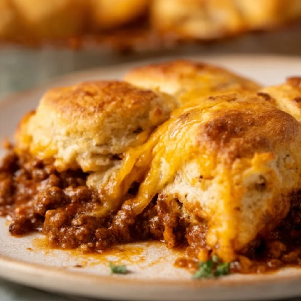 Delicious Sloppy Joe Biscuit Casserole served in a baking dish