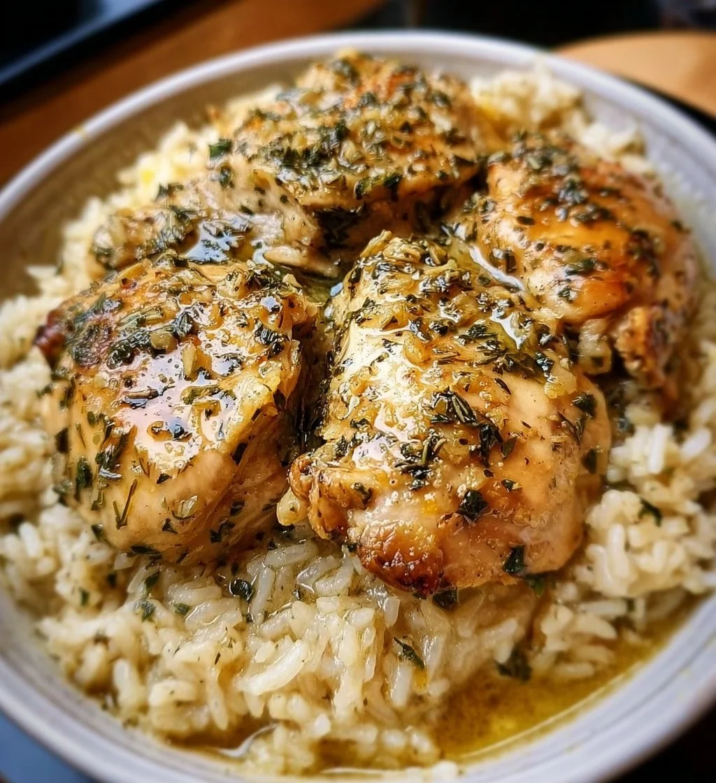 Slow Cooker Lemon Herb Chicken served with rice on a plate