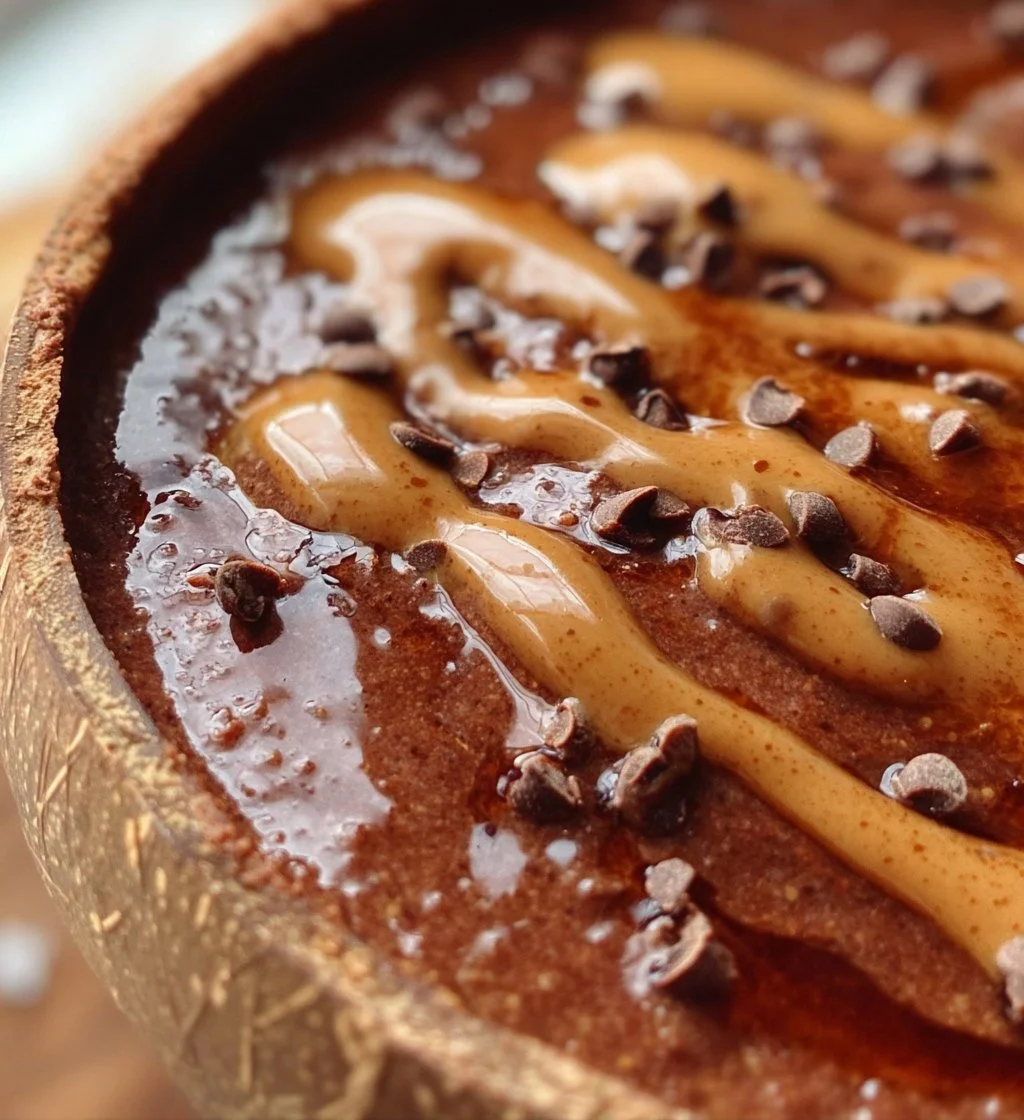 Delicious Snickers Smoothie Bowl topped with nuts and chocolate drizzle