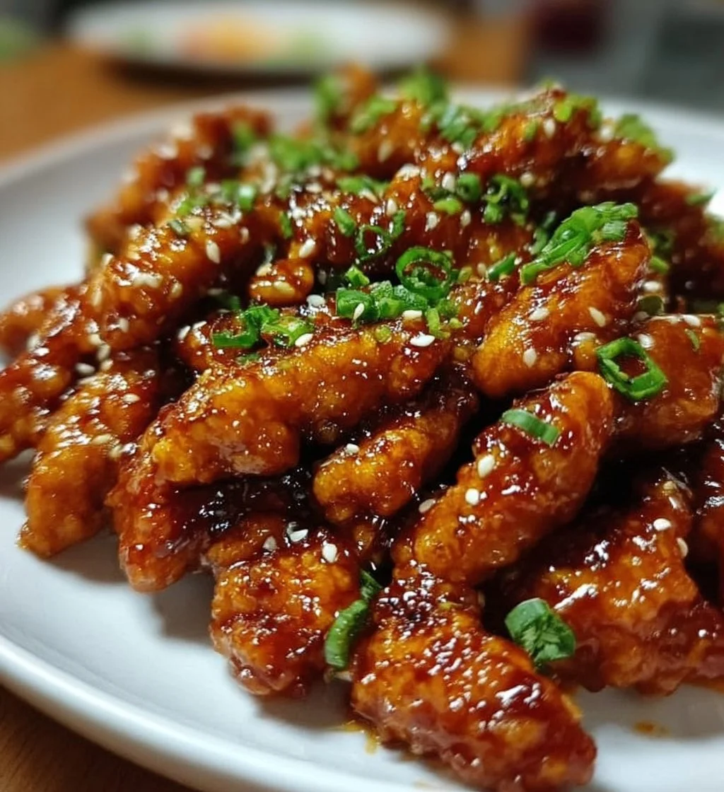 Plate of Spicy Dragon Chicken garnished with herbs and spicy sauce.