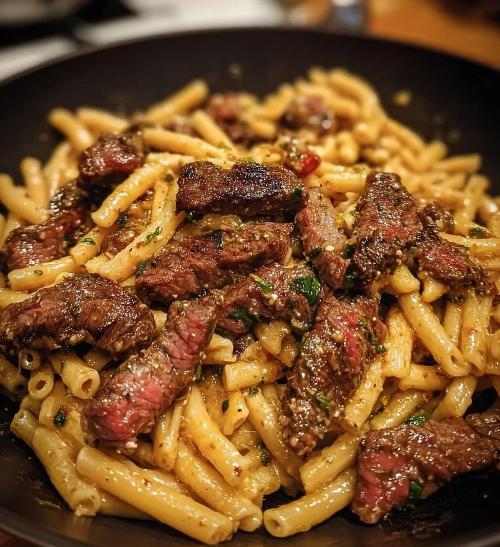 Spicy Garlic Butter Parmesan Steak Pasta served with fresh herbs and cheese