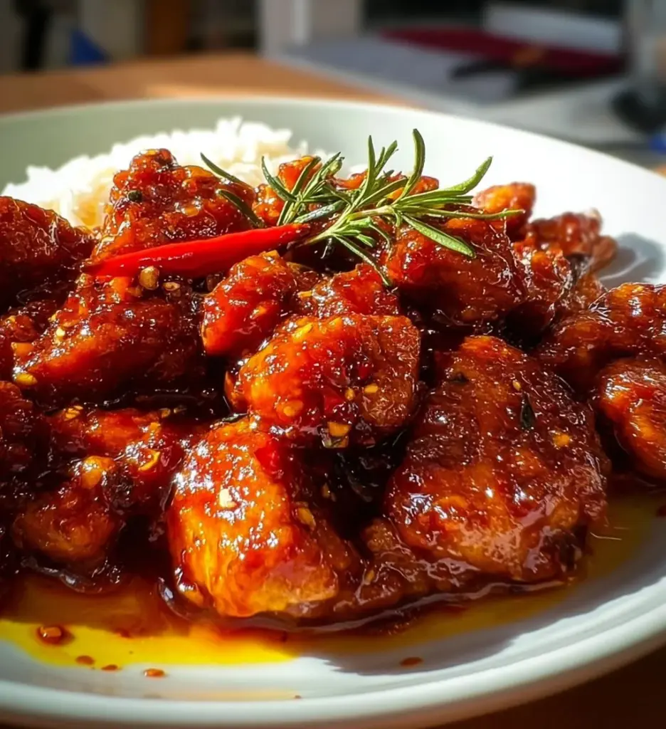 Delicious Spicy Portuguese Chilli Chicken garnished with fresh herbs
