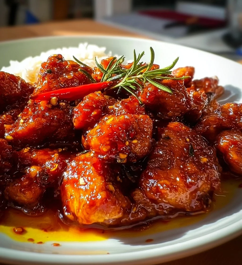 Delicious Spicy Portuguese Chilli Chicken garnished with fresh herbs