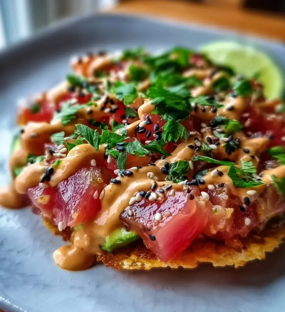 Spicy tuna tartare tostada garnished with chipotle mayo and fresh ingredients