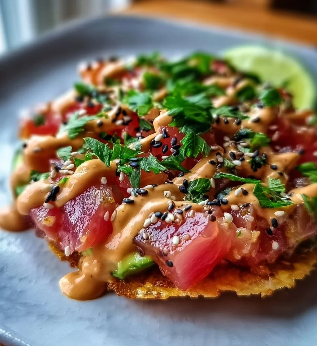 Spicy tuna tartare tostada garnished with chipotle mayo and fresh ingredients