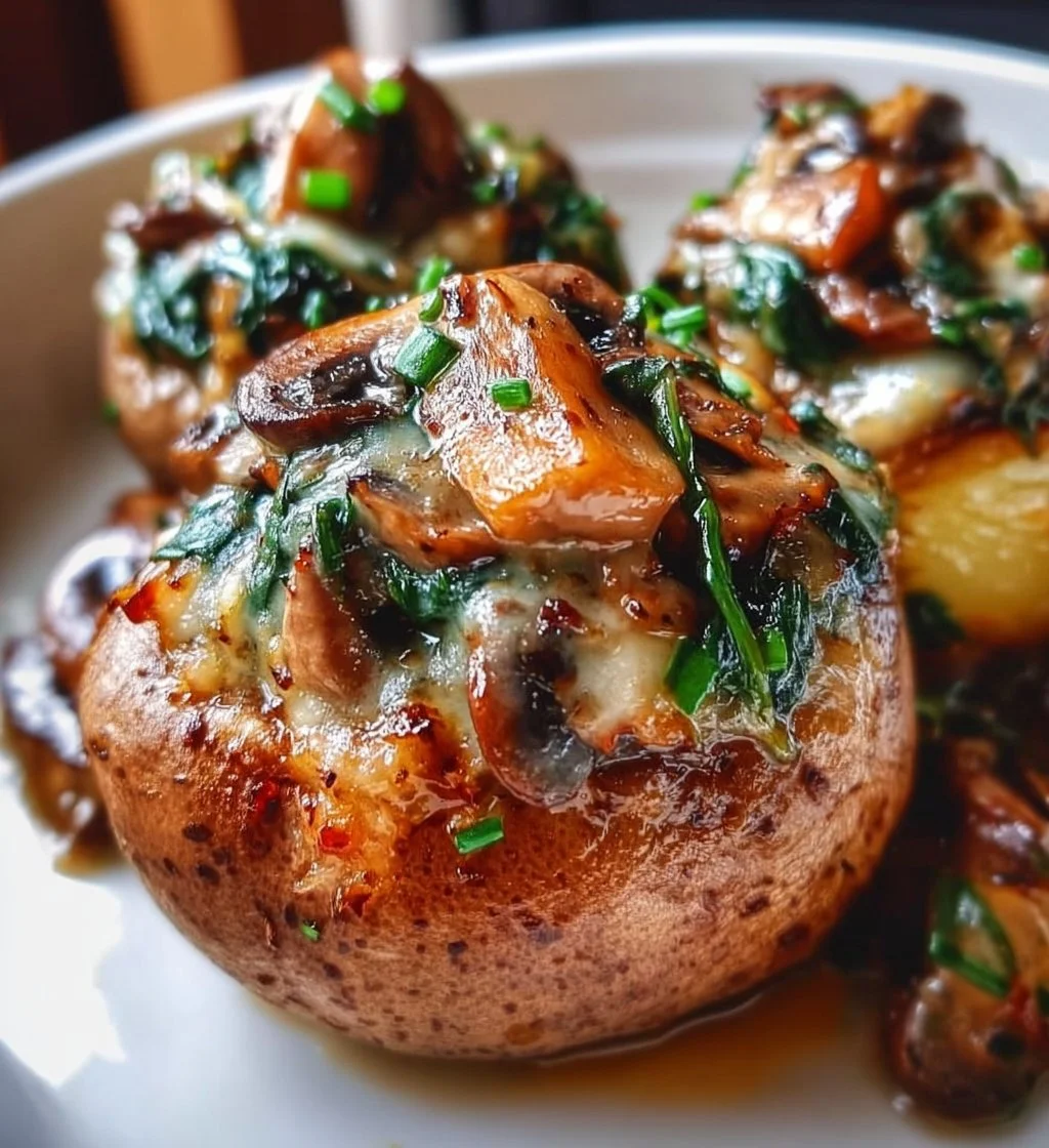 Spinach and Shiitake Mushroom Stuffed Potatoes on a plate.