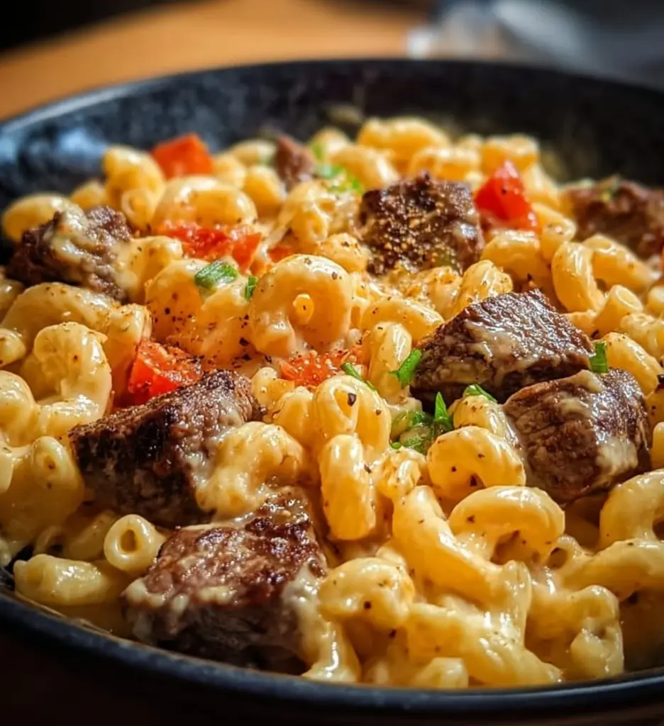 Delicious Steak Queso Mac topped with savory steak and pepper jack cheese