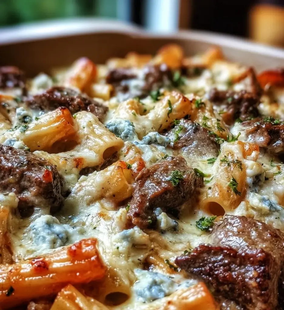 Delicious baked rigatoni pasta with steak and blue cheese sauce