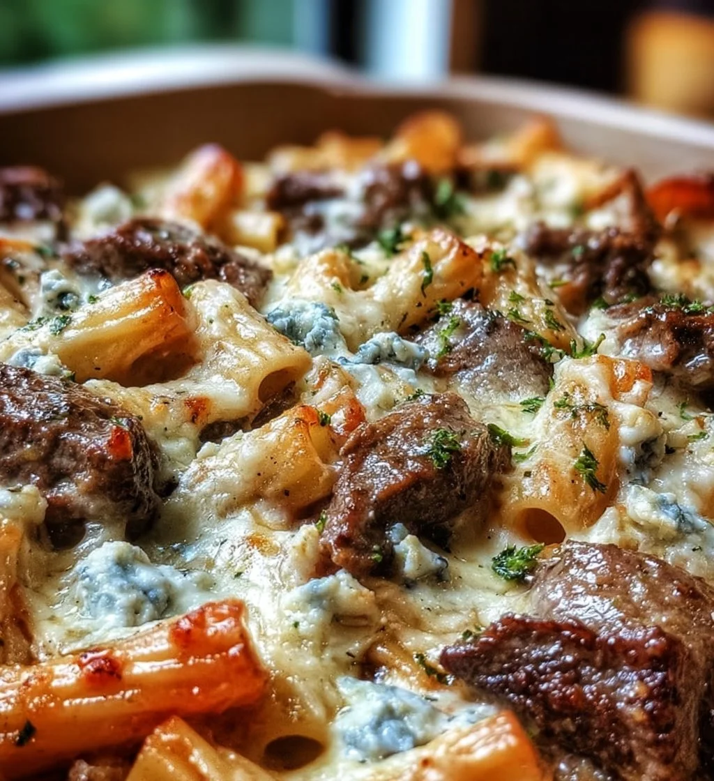 Delicious baked rigatoni pasta with steak and blue cheese sauce