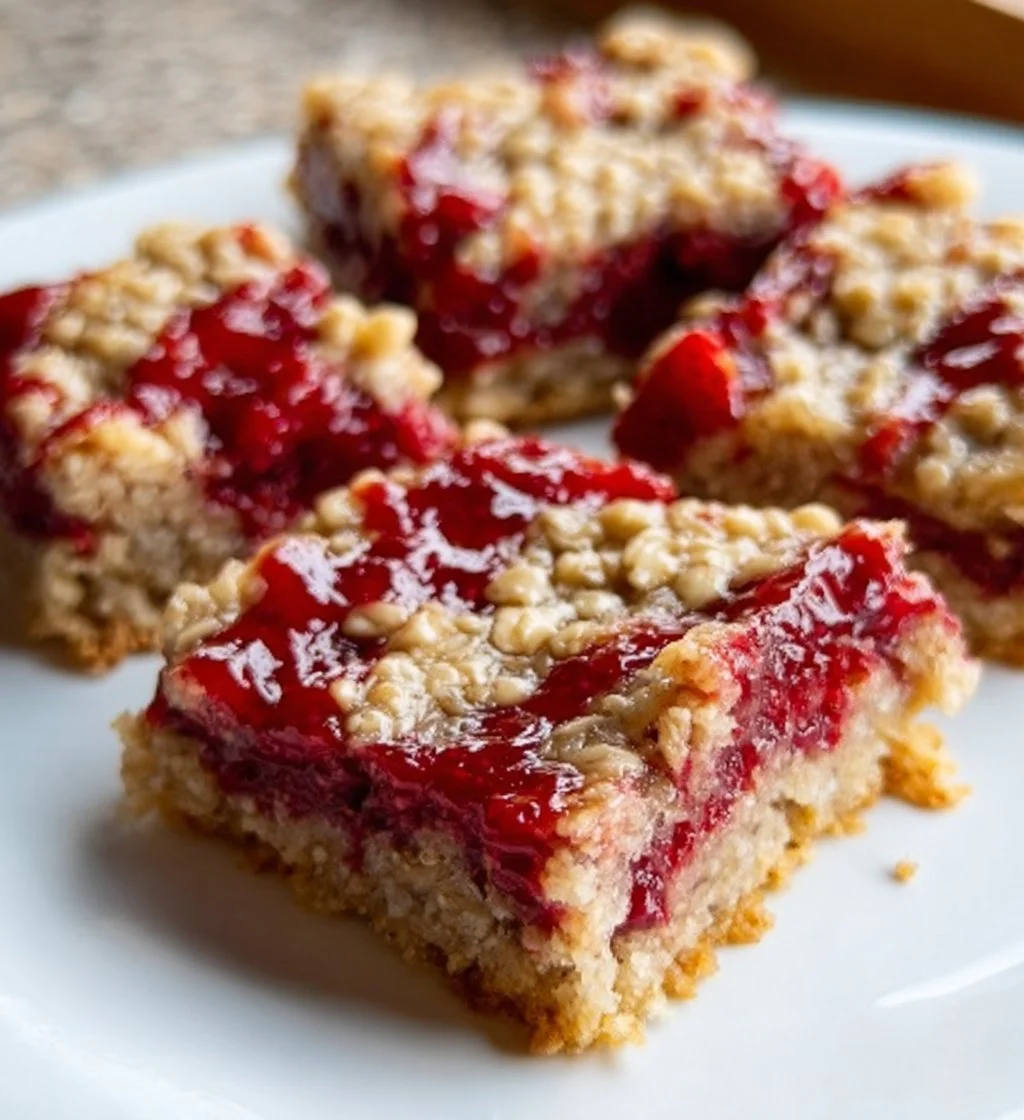 Homemade strawberry banana oat bars served on a wooden platter