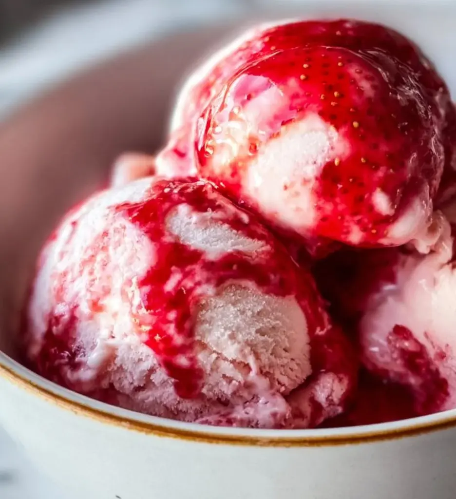Strawberry cottage cheese ice cream served in a bowl with fresh strawberries.