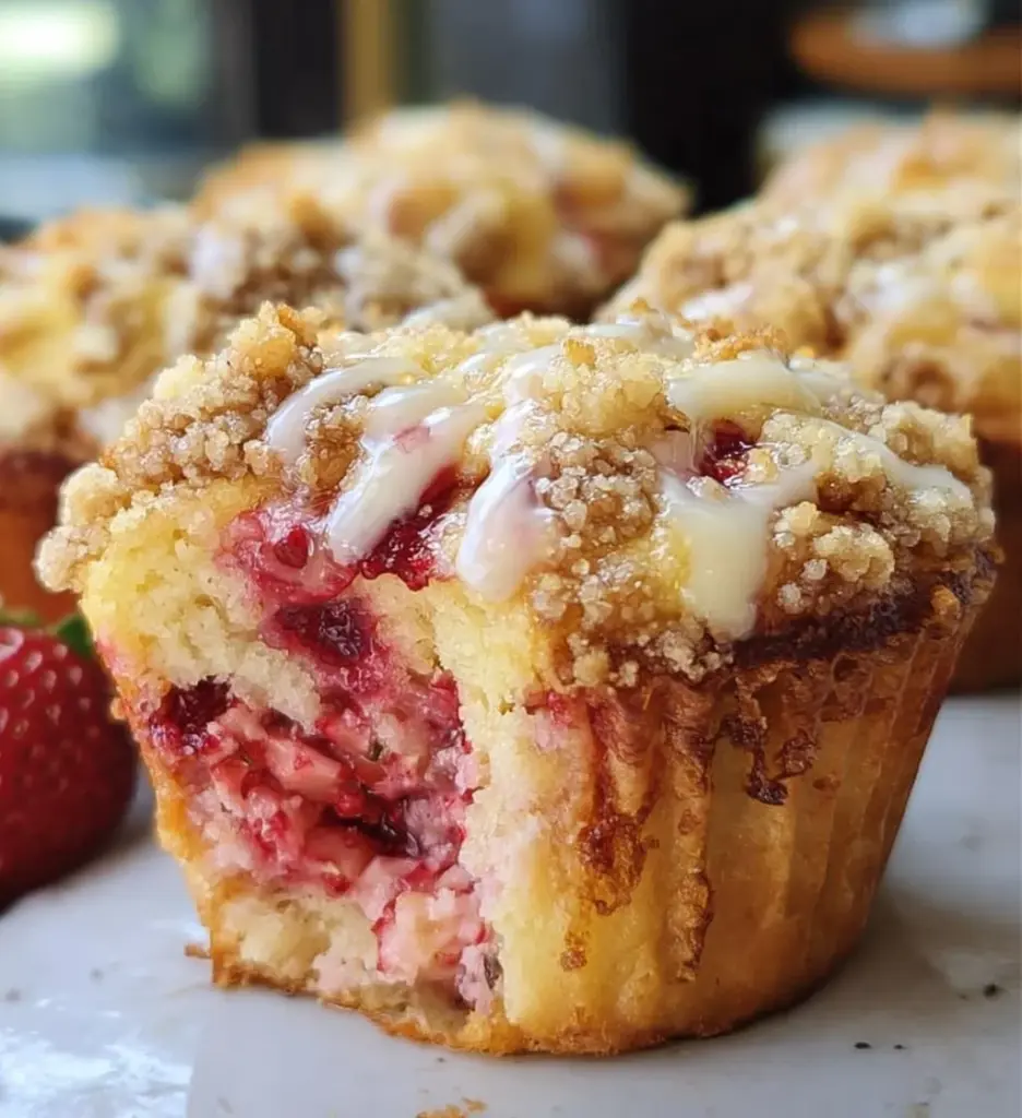 Strawberry cream cheese muffins with streusel topping on a plate
