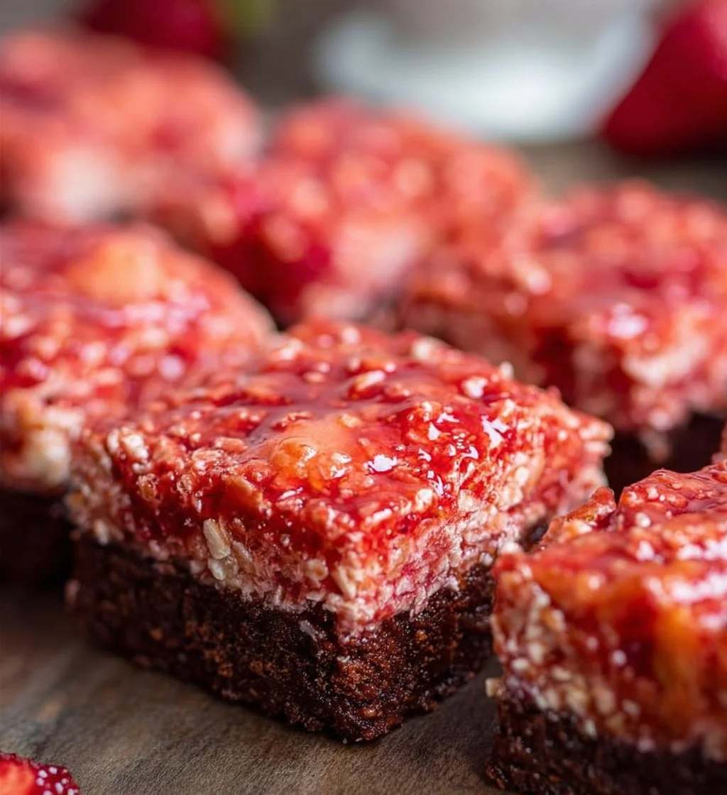 Delicious Strawberry Crunch Brownies topped with strawberry crumble