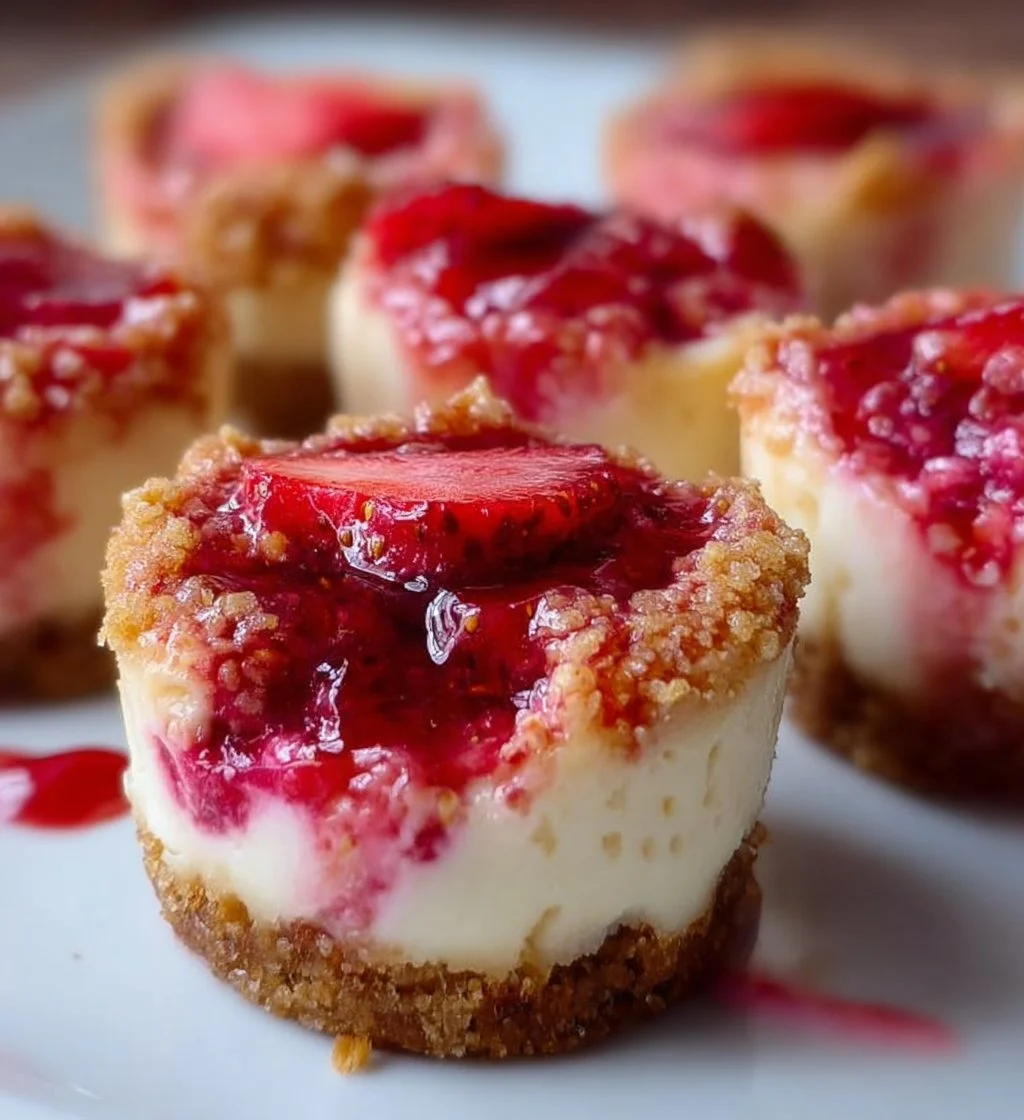 Strawberry Crunch Cheesecake Bites topped with crunchy strawberry crumble