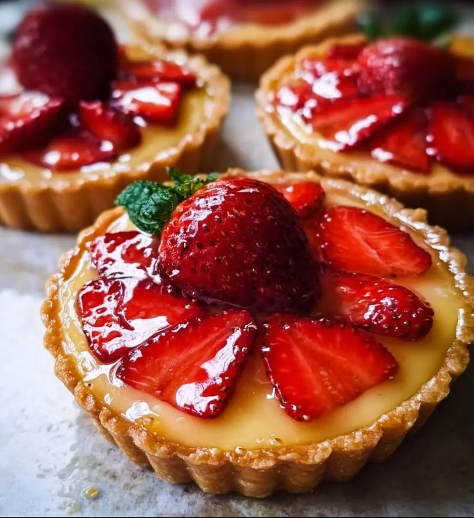 Delicious Strawberry Honey Custard Tarts topped with fresh strawberries