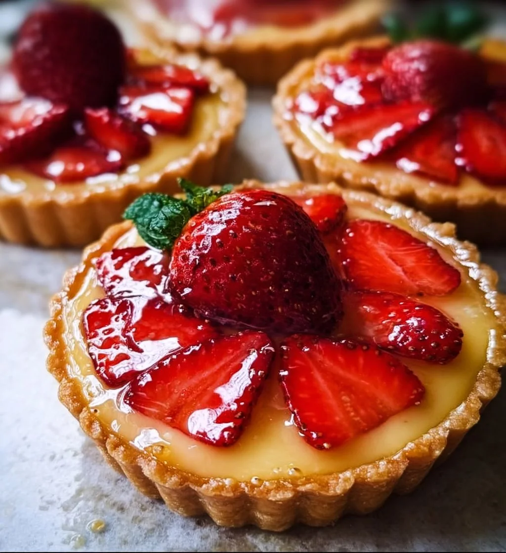 Delicious Strawberry Honey Custard Tarts topped with fresh strawberries