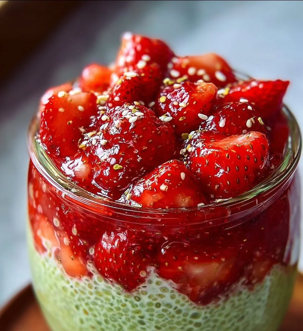 Strawberry matcha overnight oats in a bowl with fresh strawberries