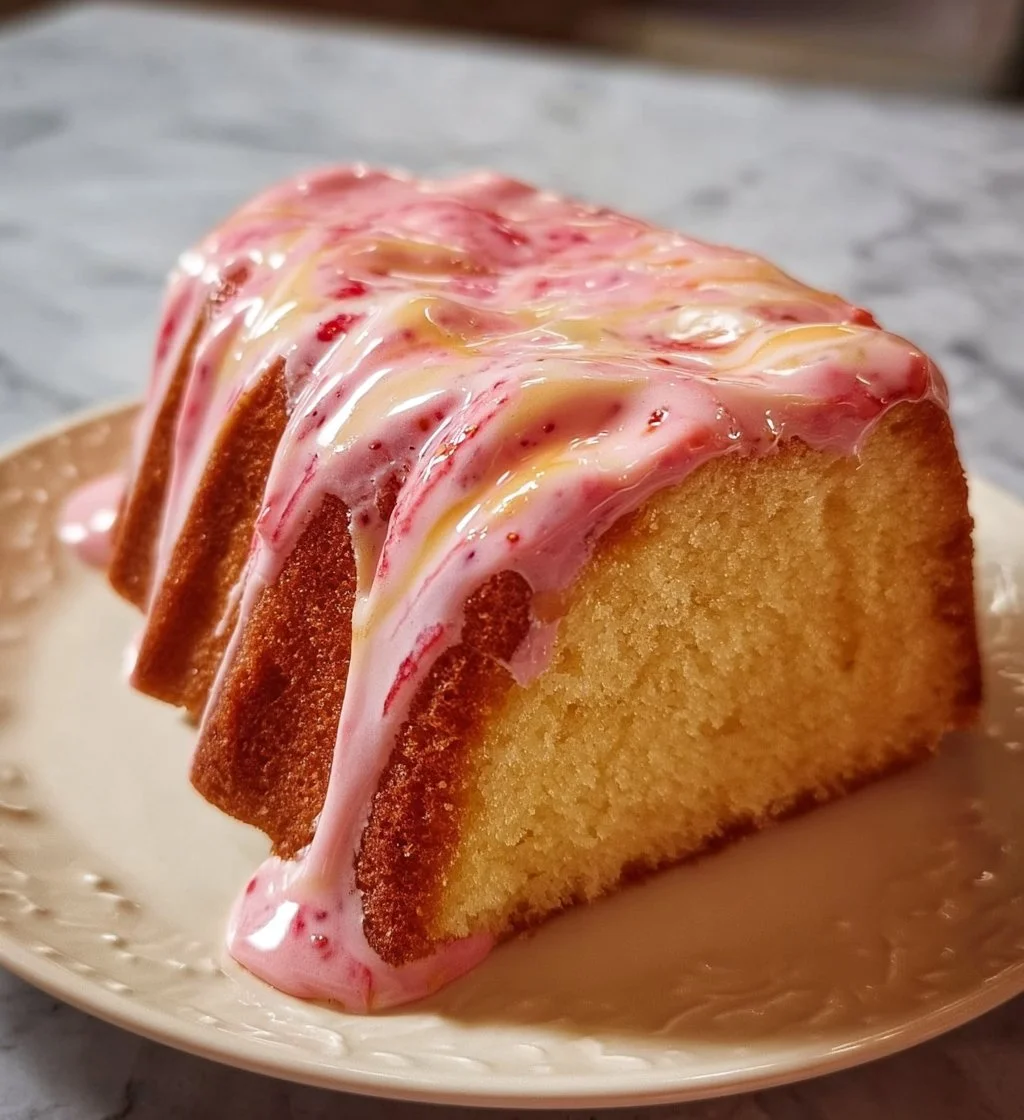 Delicious slice of strawberry milkshake pound cake topped with fresh strawberries