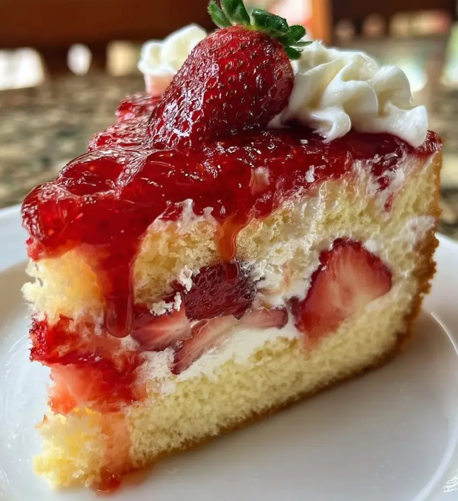 Delicious layered slice of strawberry shortcake with fresh strawberries and whipped cream