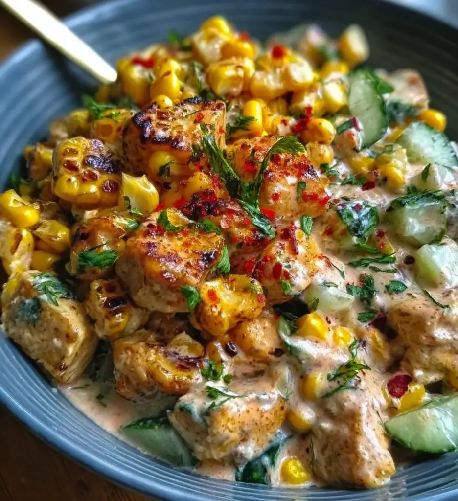 Street Corn Creamy Cucumber Chicken Salad with vibrant ingredients