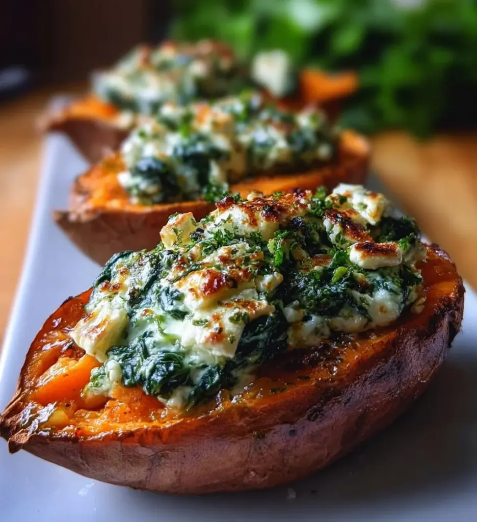 Stuffed roasted sweet potatoes with spinach and ricotta on a plate
