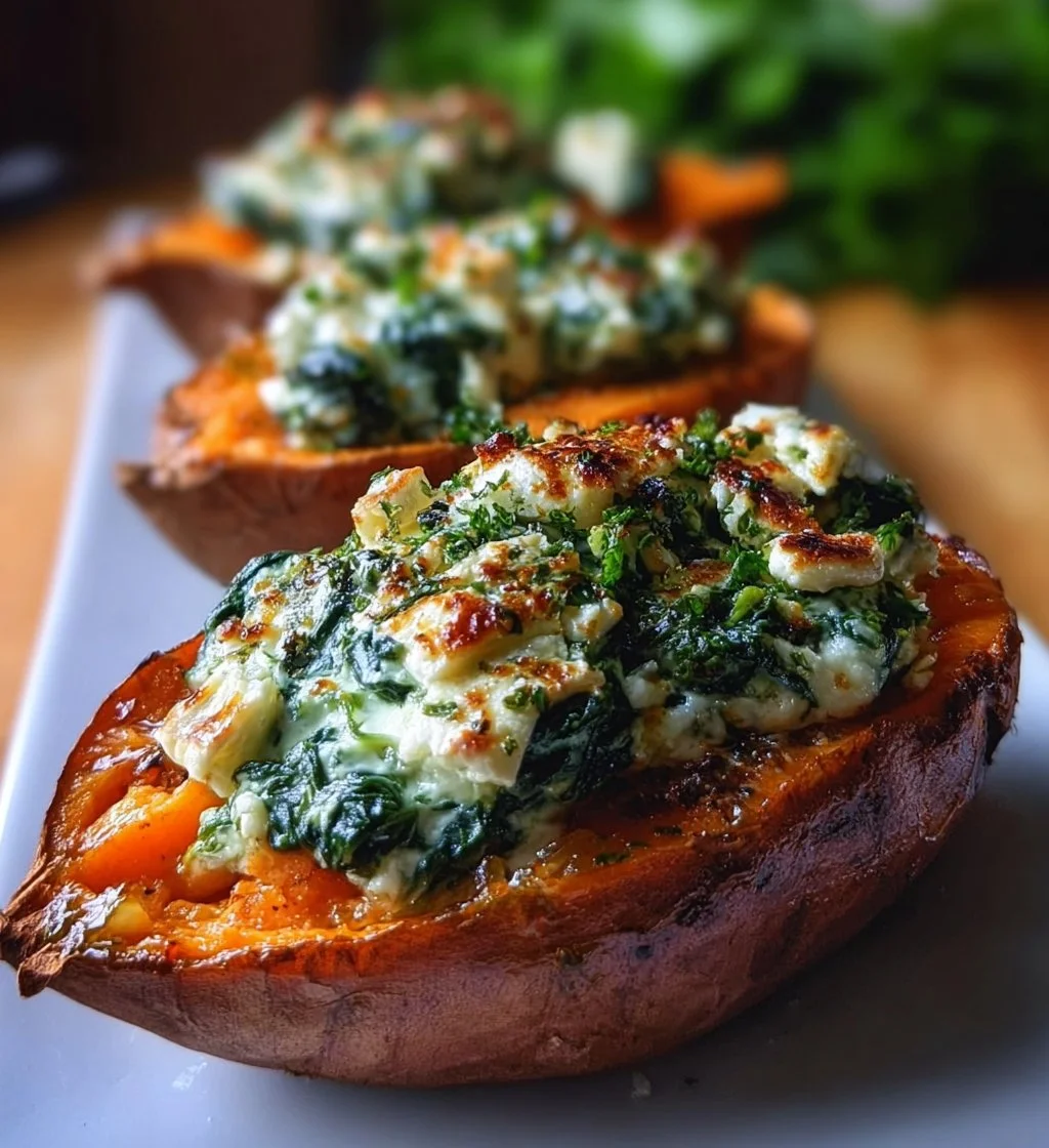 Stuffed roasted sweet potatoes with spinach and ricotta on a plate