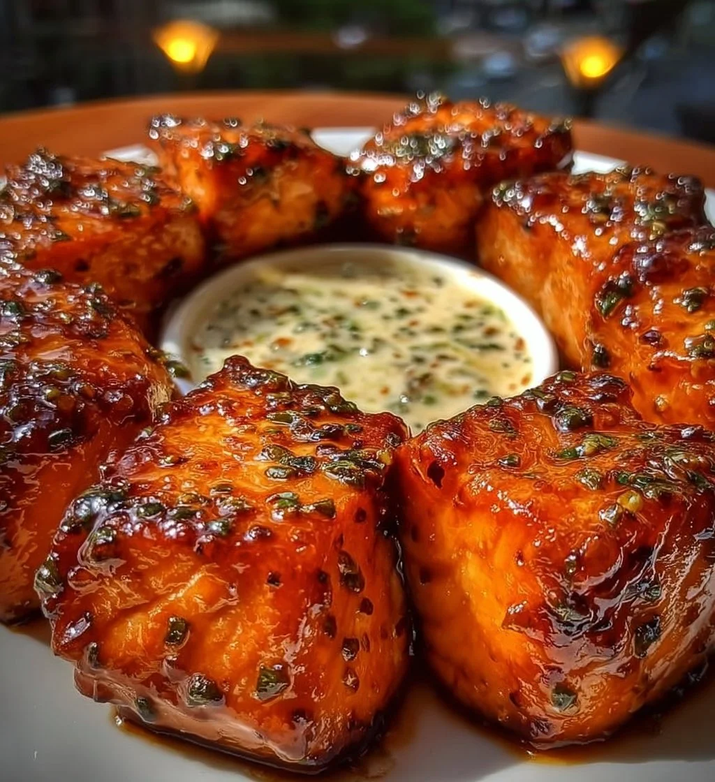 Sweet Chili Salmon Bites served on a plate with garnishes