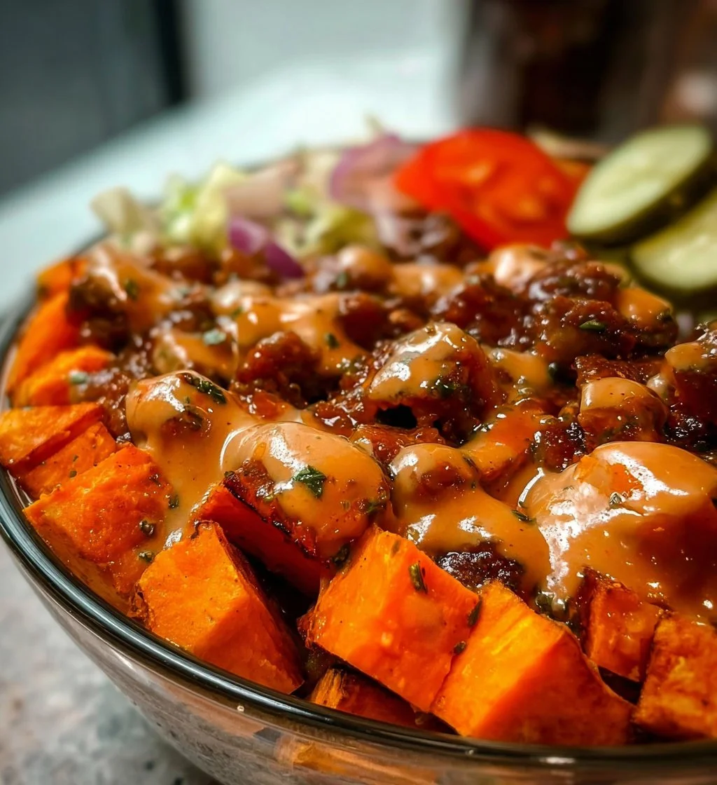 Delicious sweet potato burger bowl with fresh vegetables and toppings