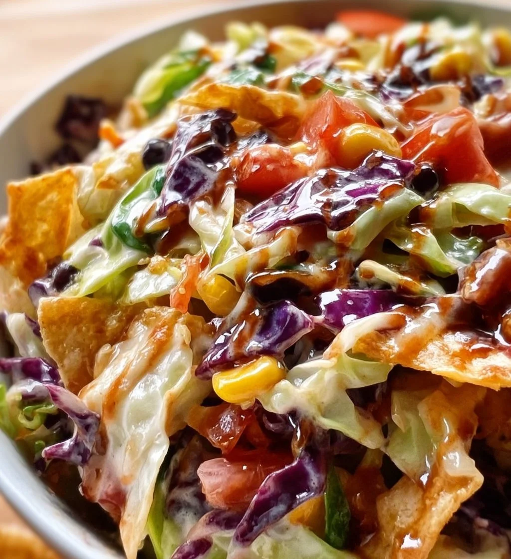 Fresh Tex-Mex Cowboy Cabbage Salad with colorful vegetables and dressing.